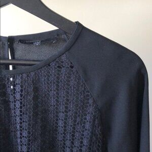 New Tibi guipure lace front panel floral applique cut-out mixed media blouse top
